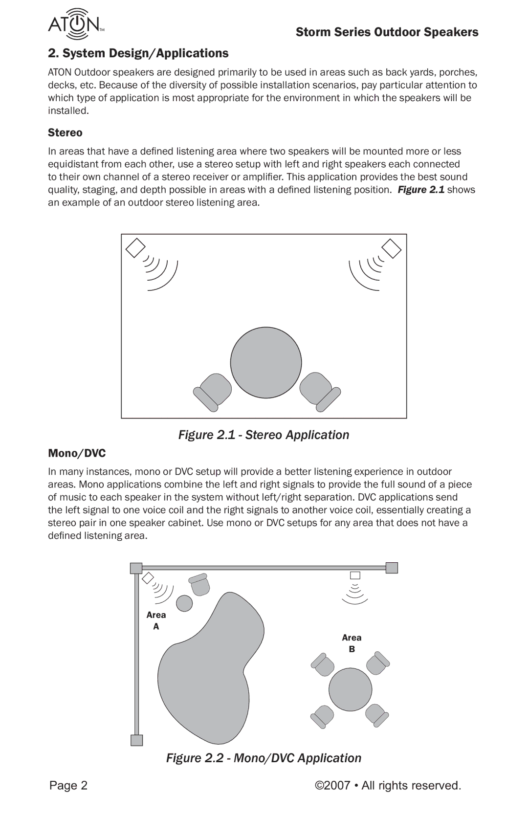 ATON O61, O41, O62ST, O51 manual Storm Series Outdoor Speakers System Design/Applications, Stereo, Mono/DVC 