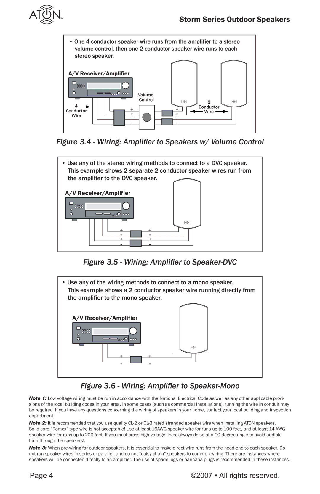 ATON O41, O62ST, O51, O61 manual Storm Series Outdoor Speakers, Wiring Ampliﬁer to Speakers w/ Volume Control 