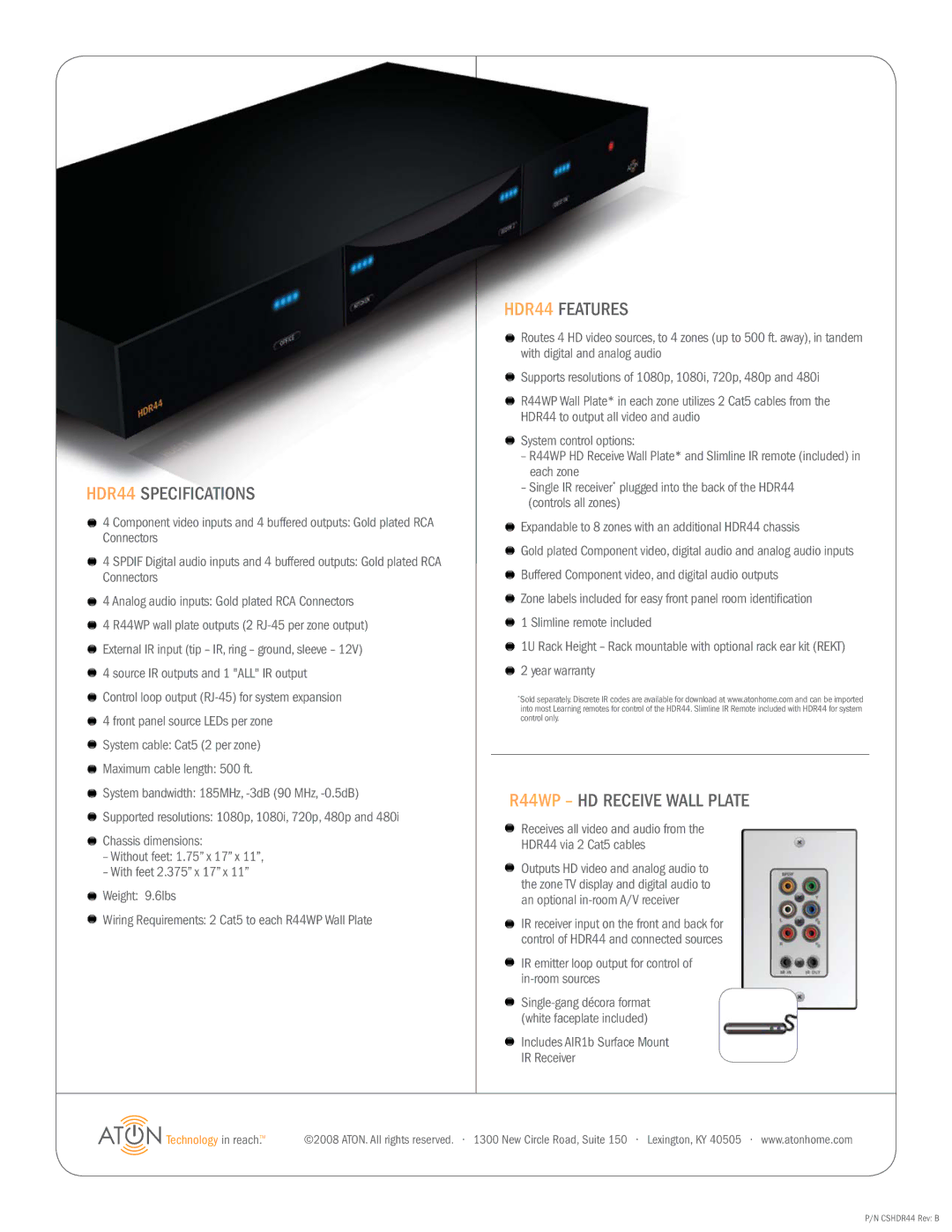 ATON manual HDR44 Specifications, HDR44 Features, R44WP HD Receive Wall Plate 