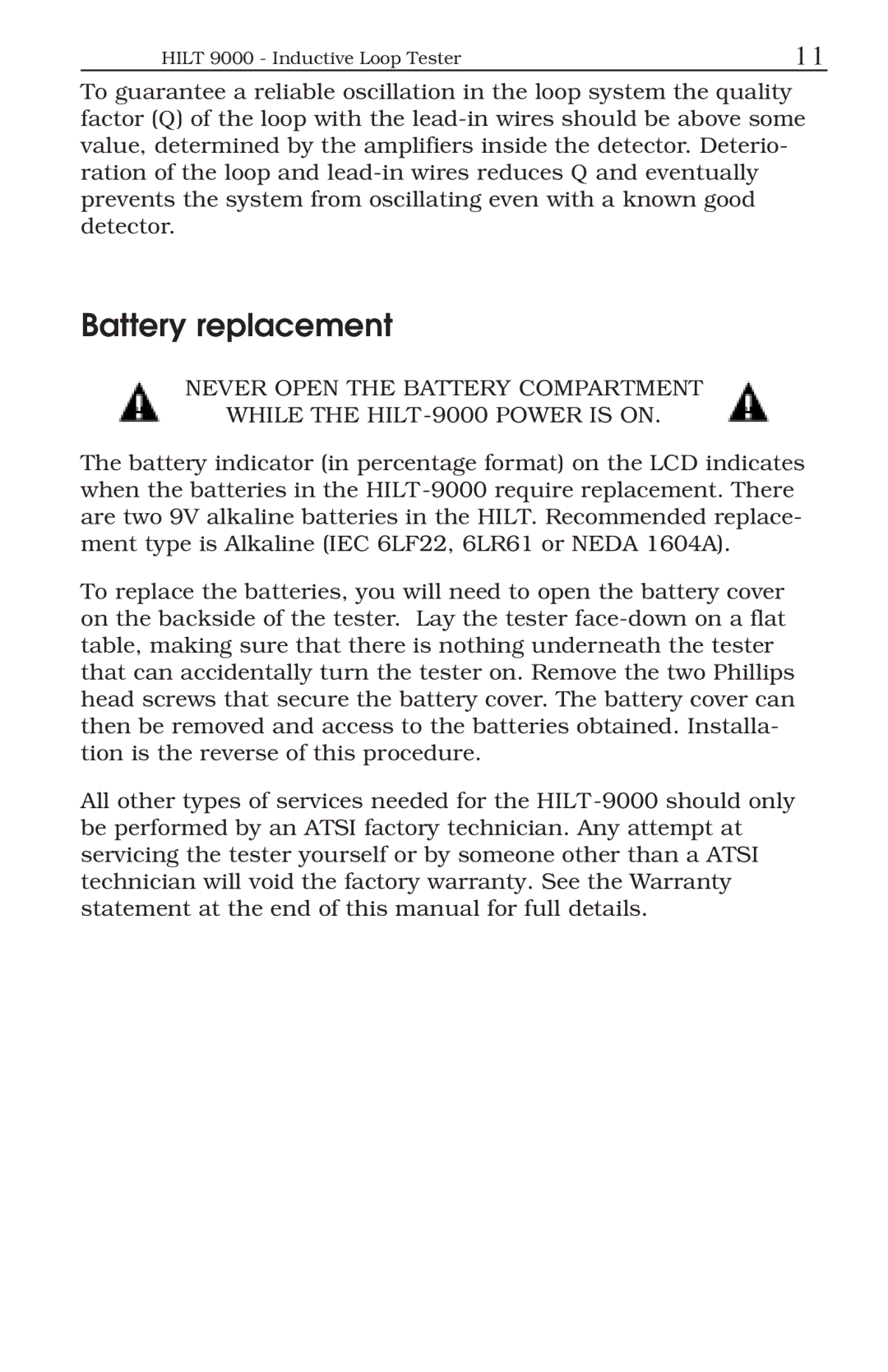 ATS HILT 9000 manual Battery replacement 