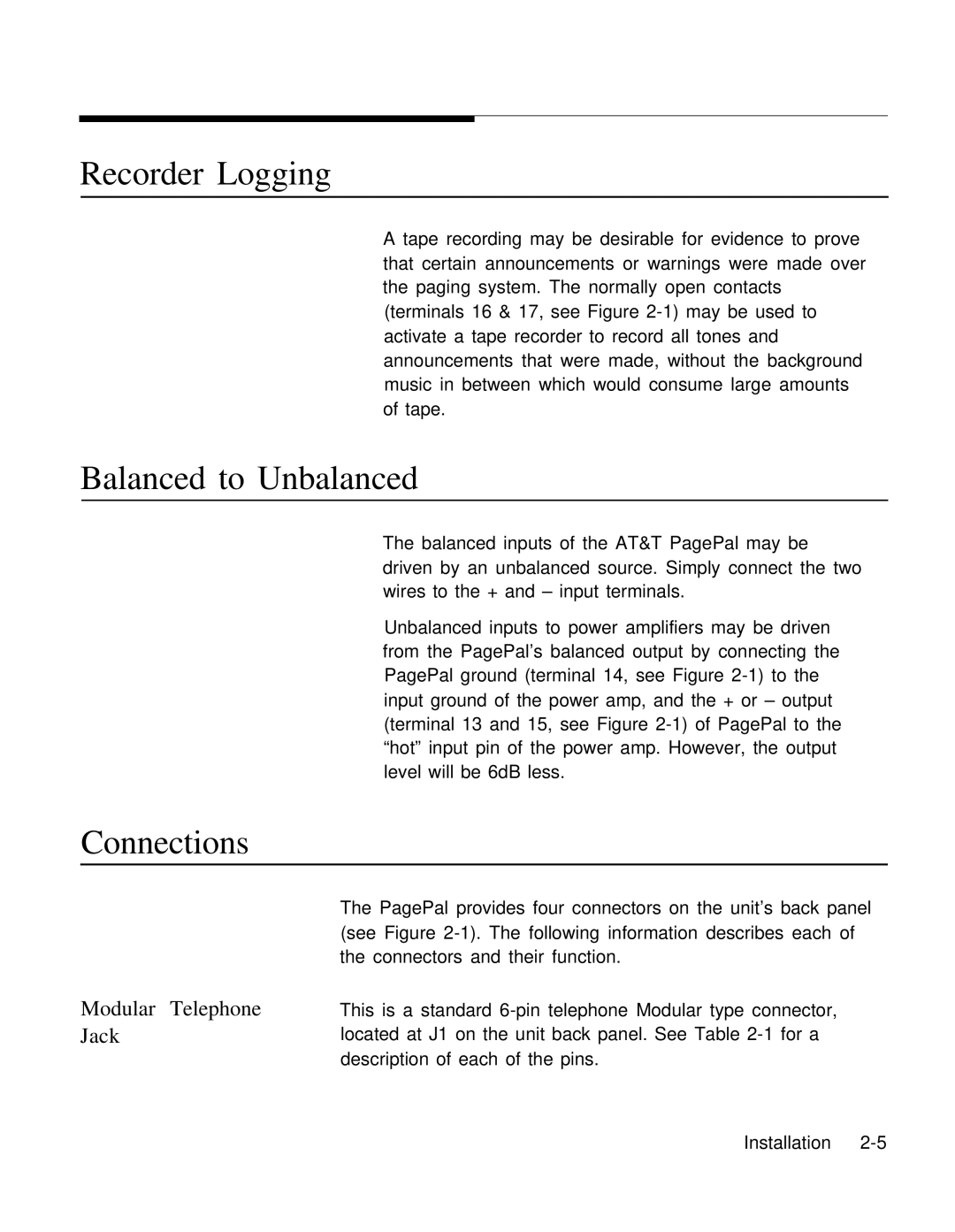 AT&T 0II722050-917 installation manual Recorder Logging, Balanced to Unbalanced, Connections, Modular Telephone Jack 