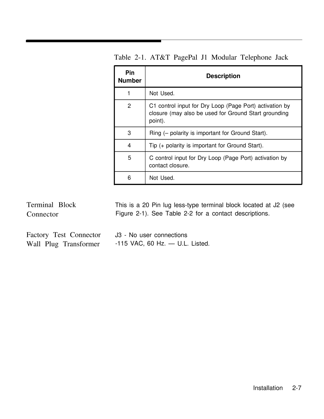 AT&T 0II722050-917 installation manual Pin Description, Number 