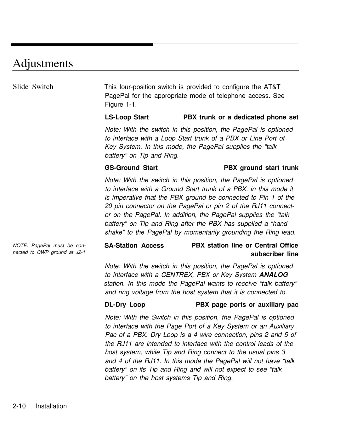 AT&T 0II722050-917 installation manual Adjustments, Slide Switch 