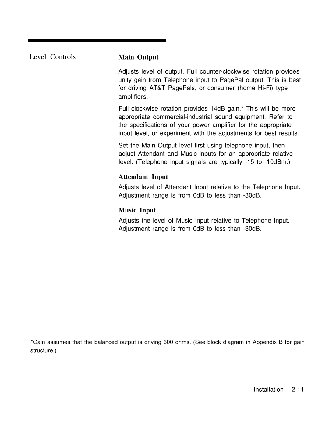 AT&T 0II722050-917 installation manual Level Controls, Main Output 