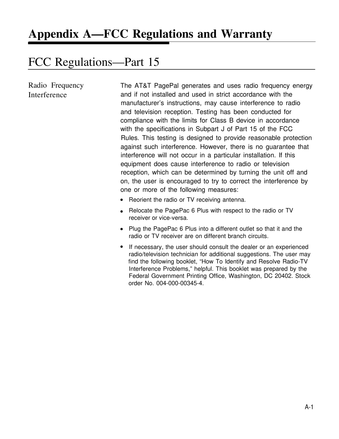 AT&T 0II722050-917 Appendix A-FCC Regulations and Warranty, FCC Regulations-Part, Radio Frequency Interference 