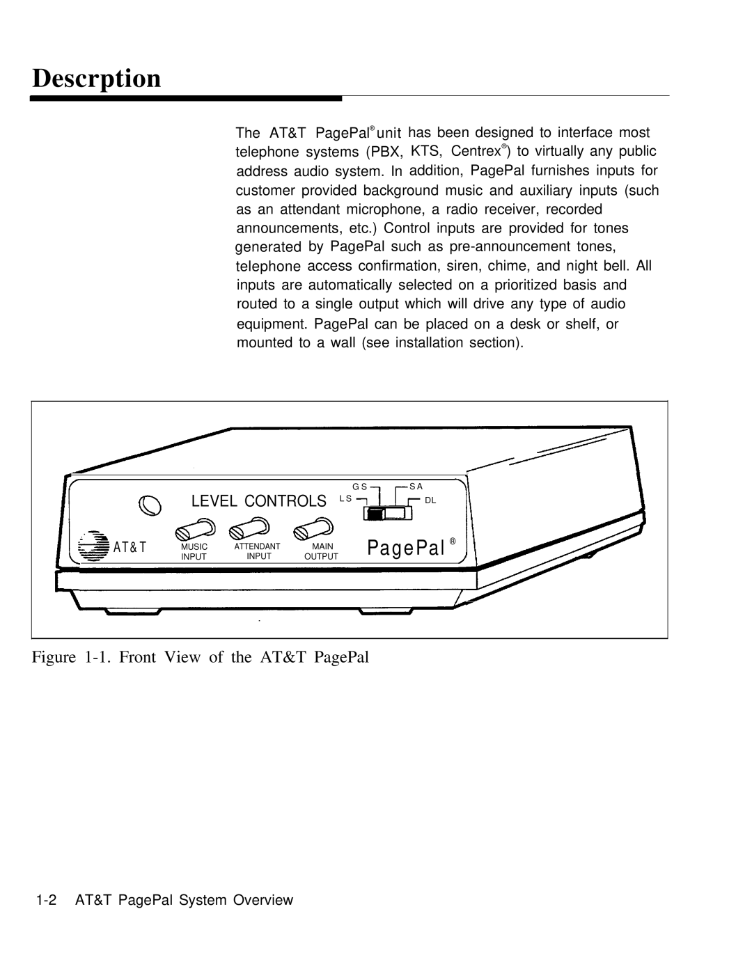 AT&T 0II722050-917 installation manual Descrption, Front View of the AT&T PagePal 