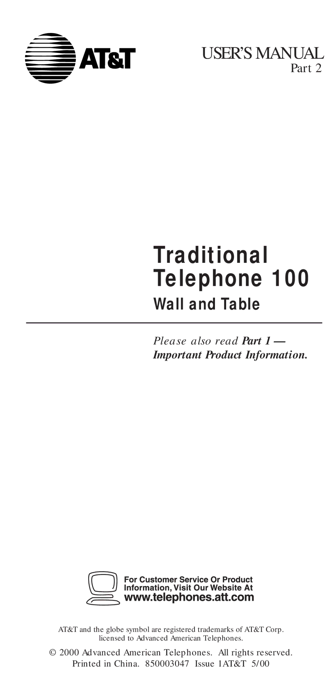 AT&T 100 user manual Traditional Telephone 