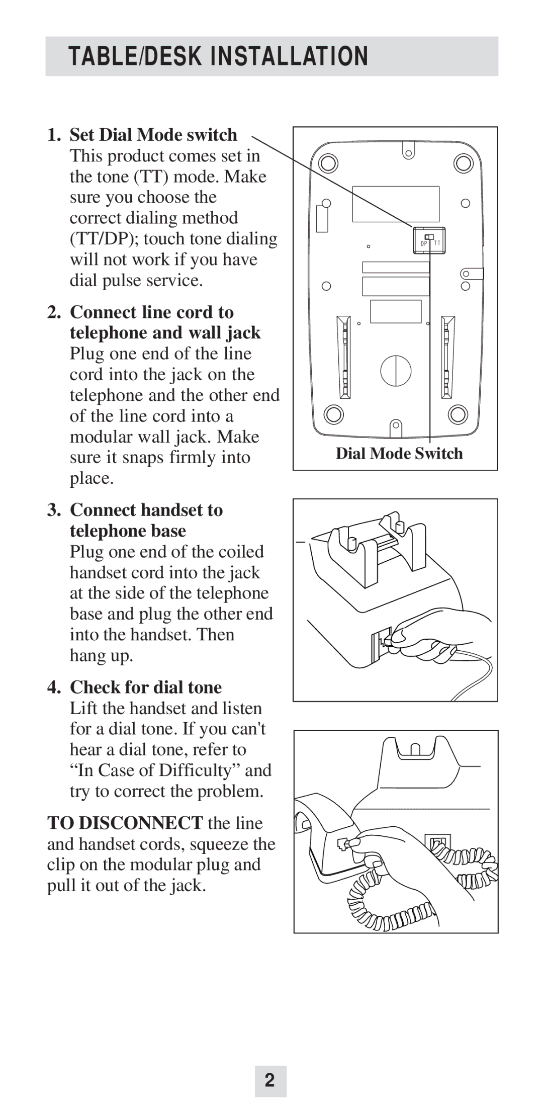 AT&T 100 user manual TABLE/DESK Installation, Check for dial tone 