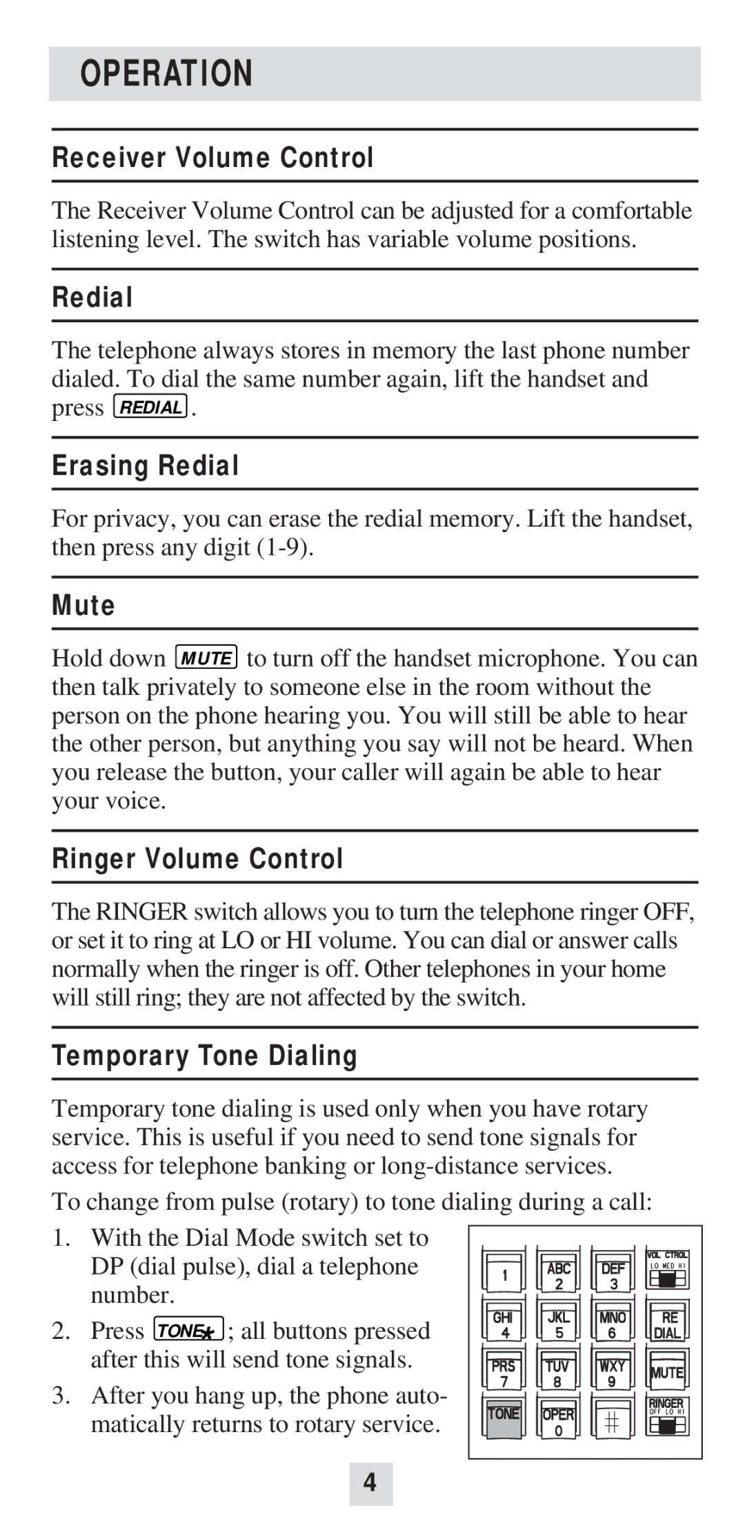 AT&T 100 user manual Operation, Receiver Volume Control 