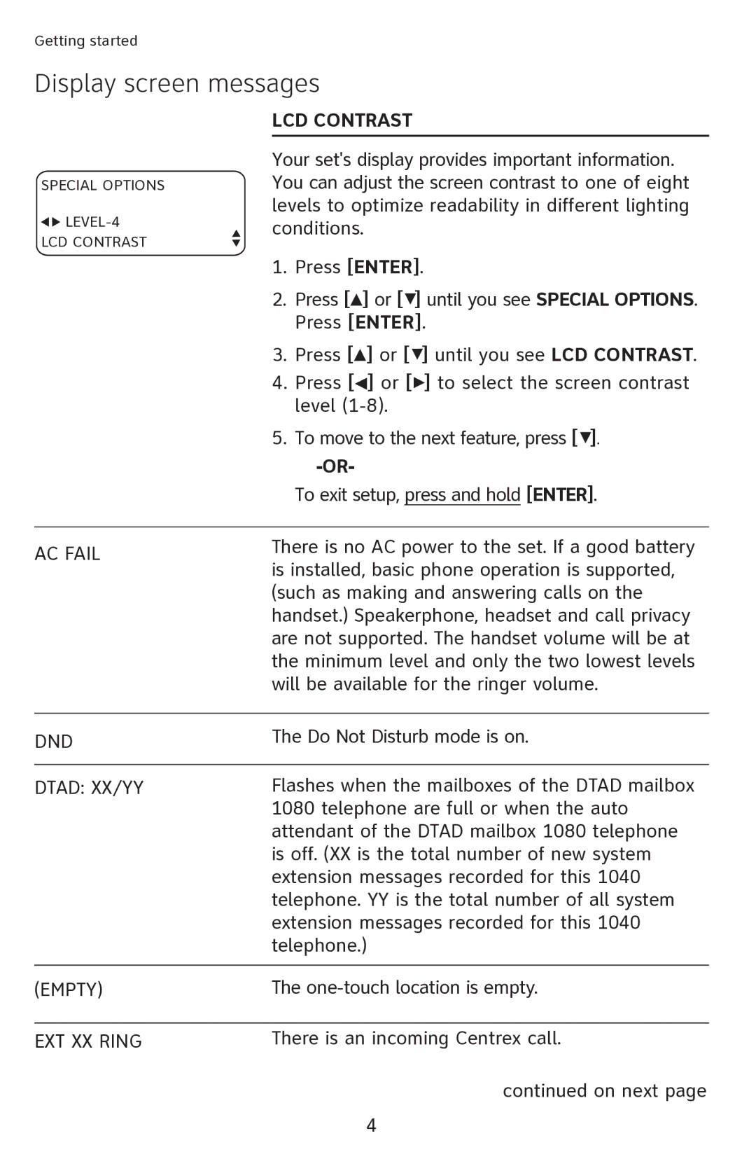 AT&T 1040 user manual Display screen messages, LCD contrast 