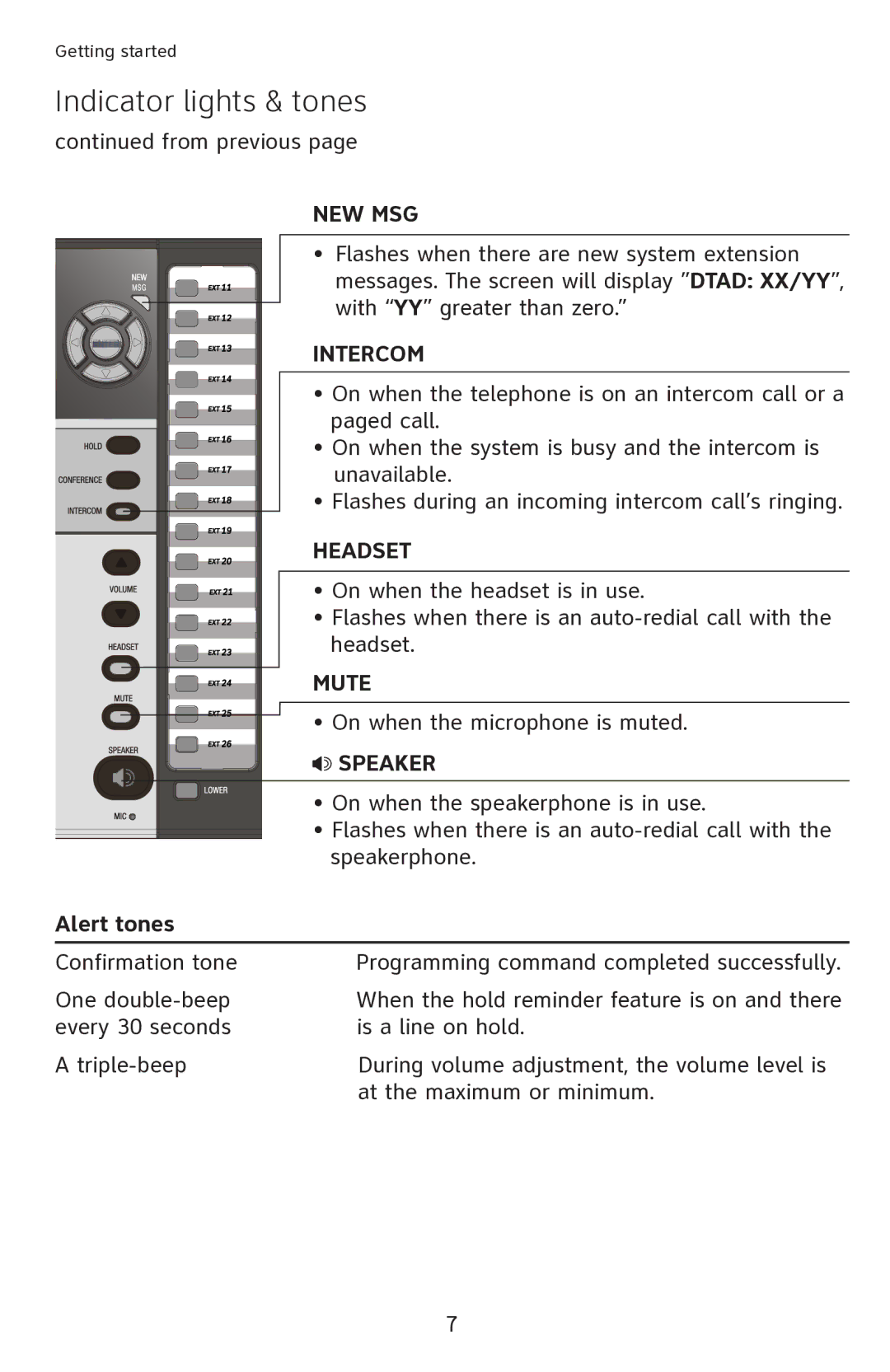 AT&T 1040 user manual New Msg, Alert tones 