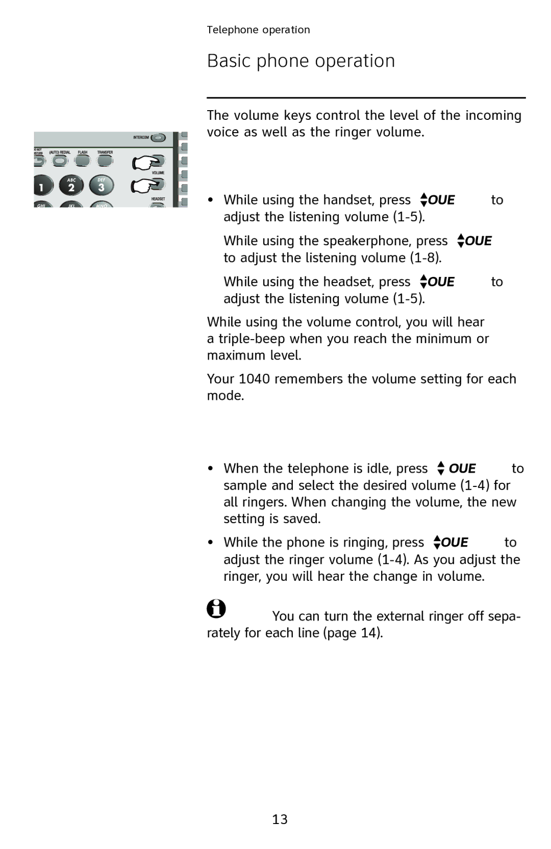 AT&T 1040 user manual Volume control, Handset/speakerphone/headset volume, Ringer volume 