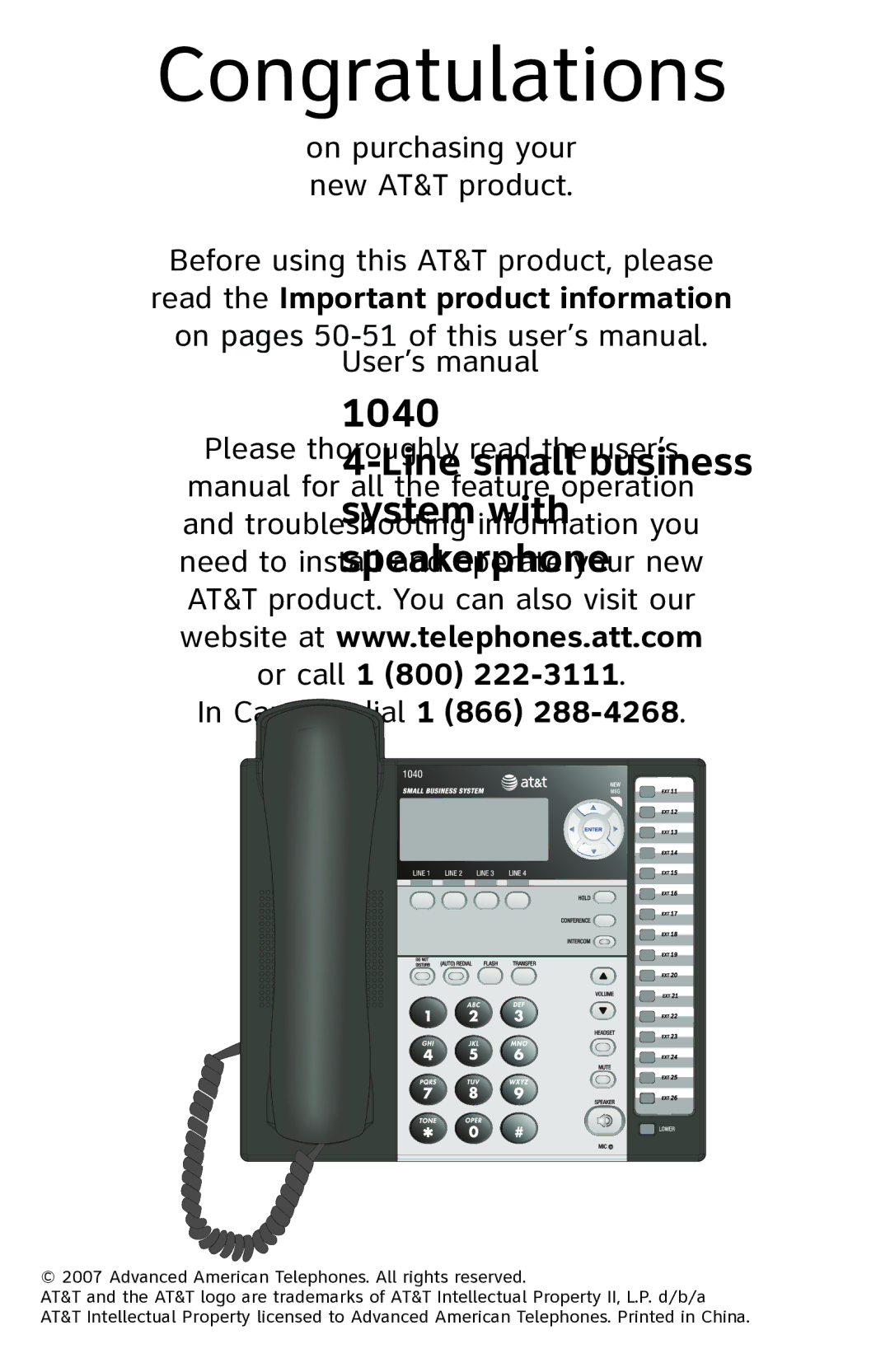 AT&T 1040 user manual On purchasing your new AT&T product, Canada, dial 1 866 