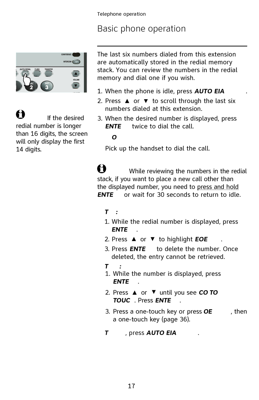 AT&T 1040 Redial stack, To delete a redial number, To store a redial number in a one-touch key, To exit, press Auto Redial 