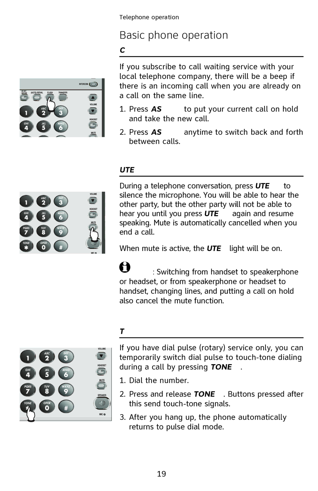 AT&T 1040 user manual Call waiting, Temporary tone dialing 