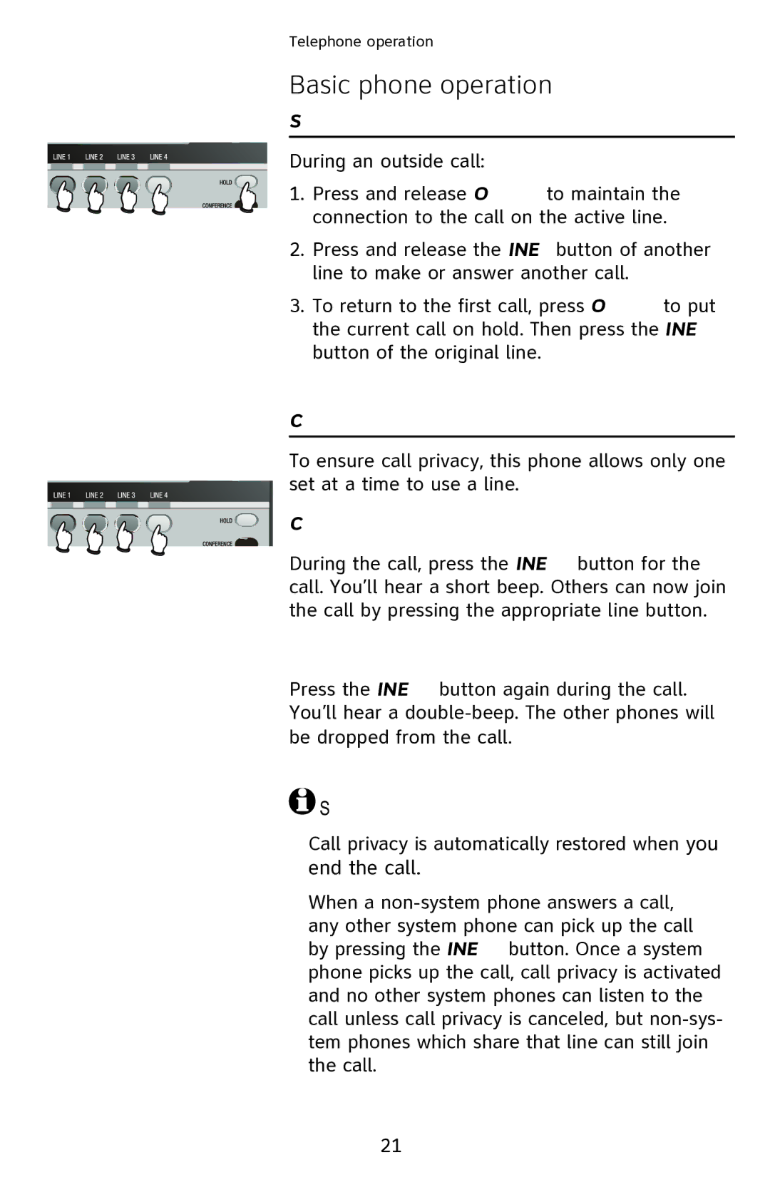 AT&T 1040 user manual Switching between lines, Call privacy, Cancel call privacy, Restore call privacy 