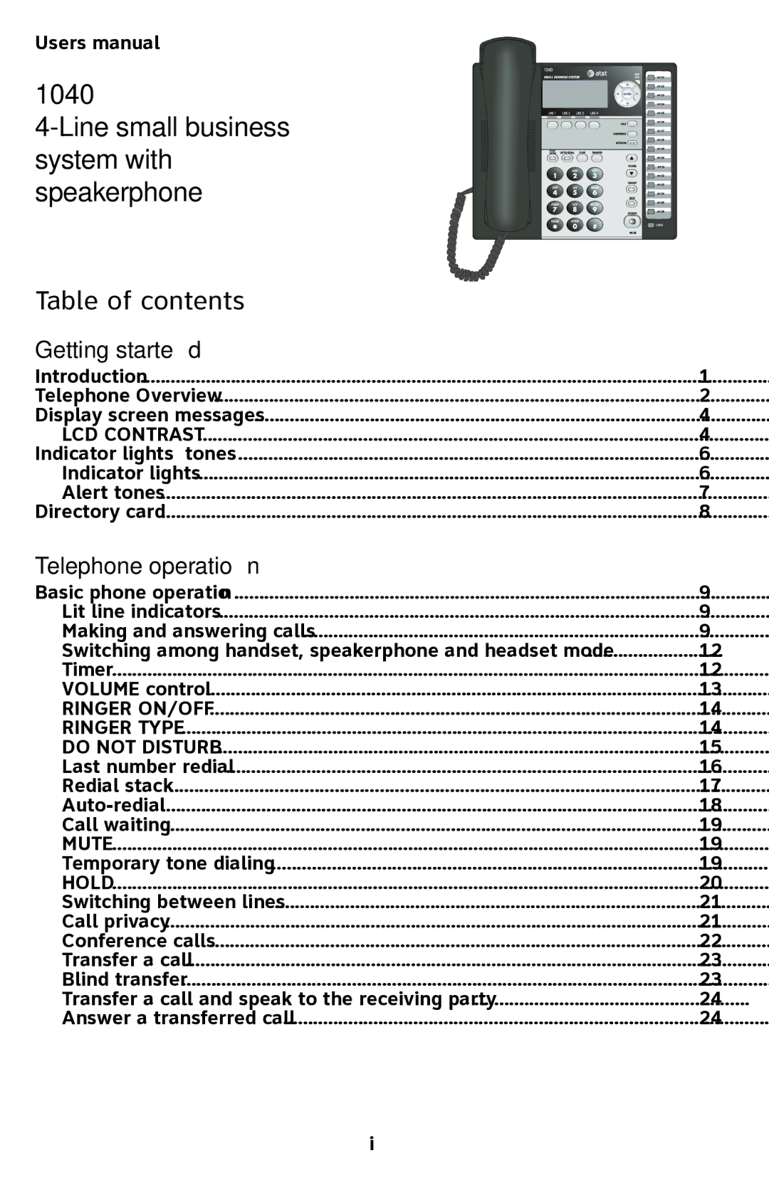 AT&T 1040 user manual Line small business system with speakerphone, Table of contents 