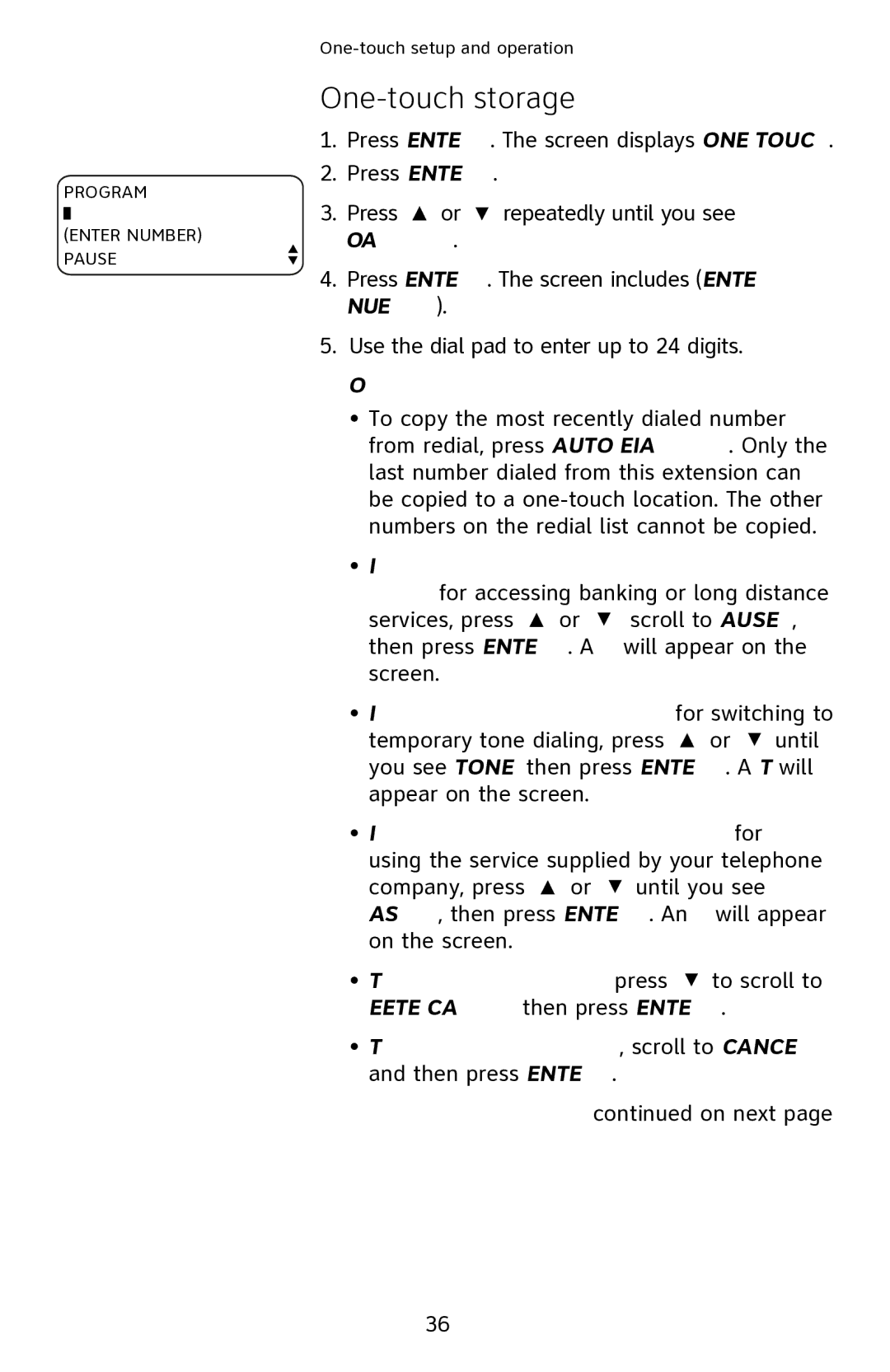 AT&T 1040 user manual One-touch storage, Program 