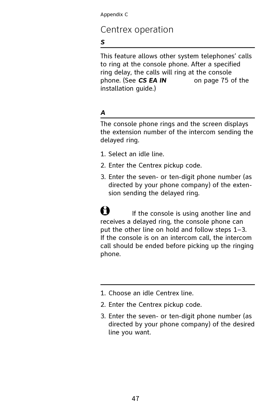 AT&T 1040 user manual Centrex operation, Set ring delay duration, Answer a delayed ring, Pick up another station’s line 