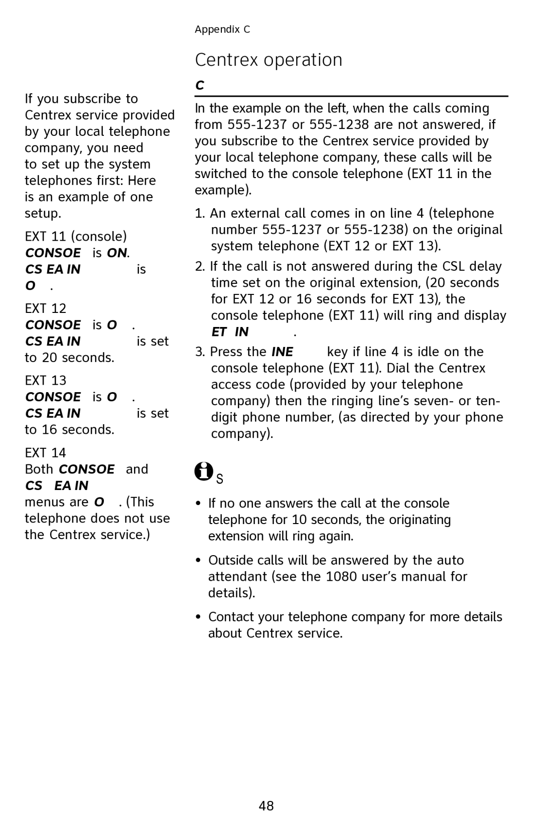 AT&T 1040 EXT 12 Console is OFF CSL Delay Ring is set to 20 seconds, Console is OFF CSL Delay Ring is set to 16 seconds 