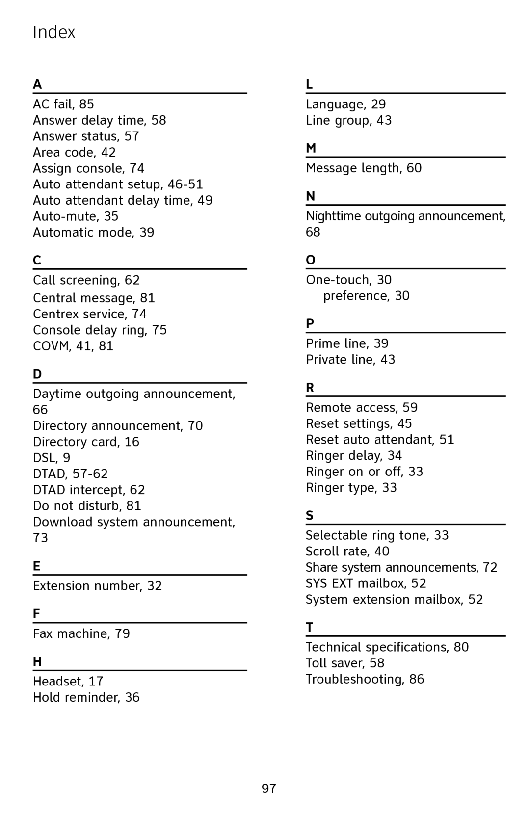 AT&T 1070 manual Index 