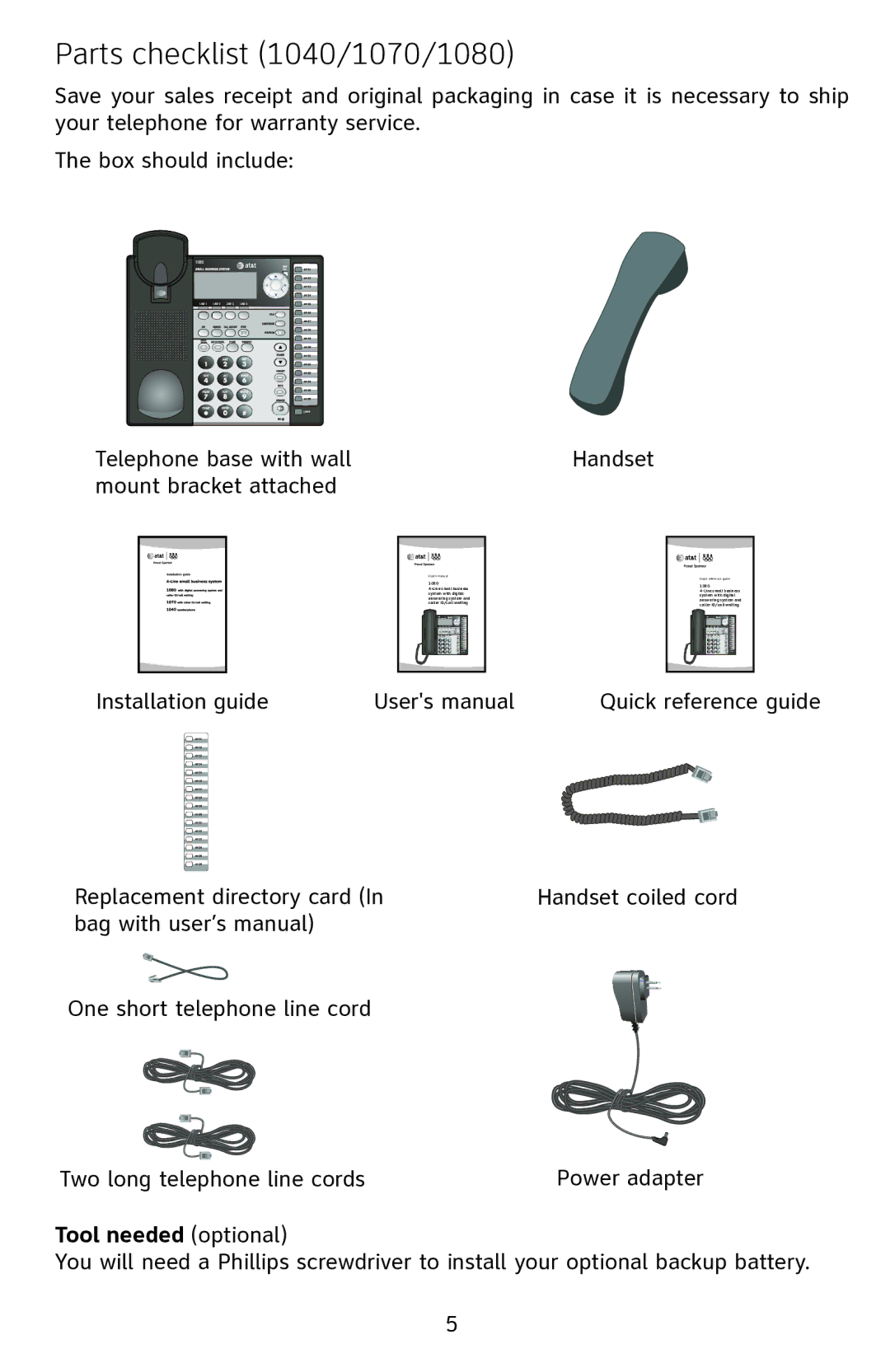 AT&T manual Parts checklist 1040/1070/1080, Tool needed optional 