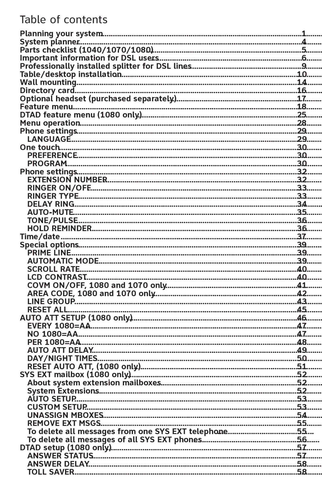 AT&T 1070 manual Table of contents 