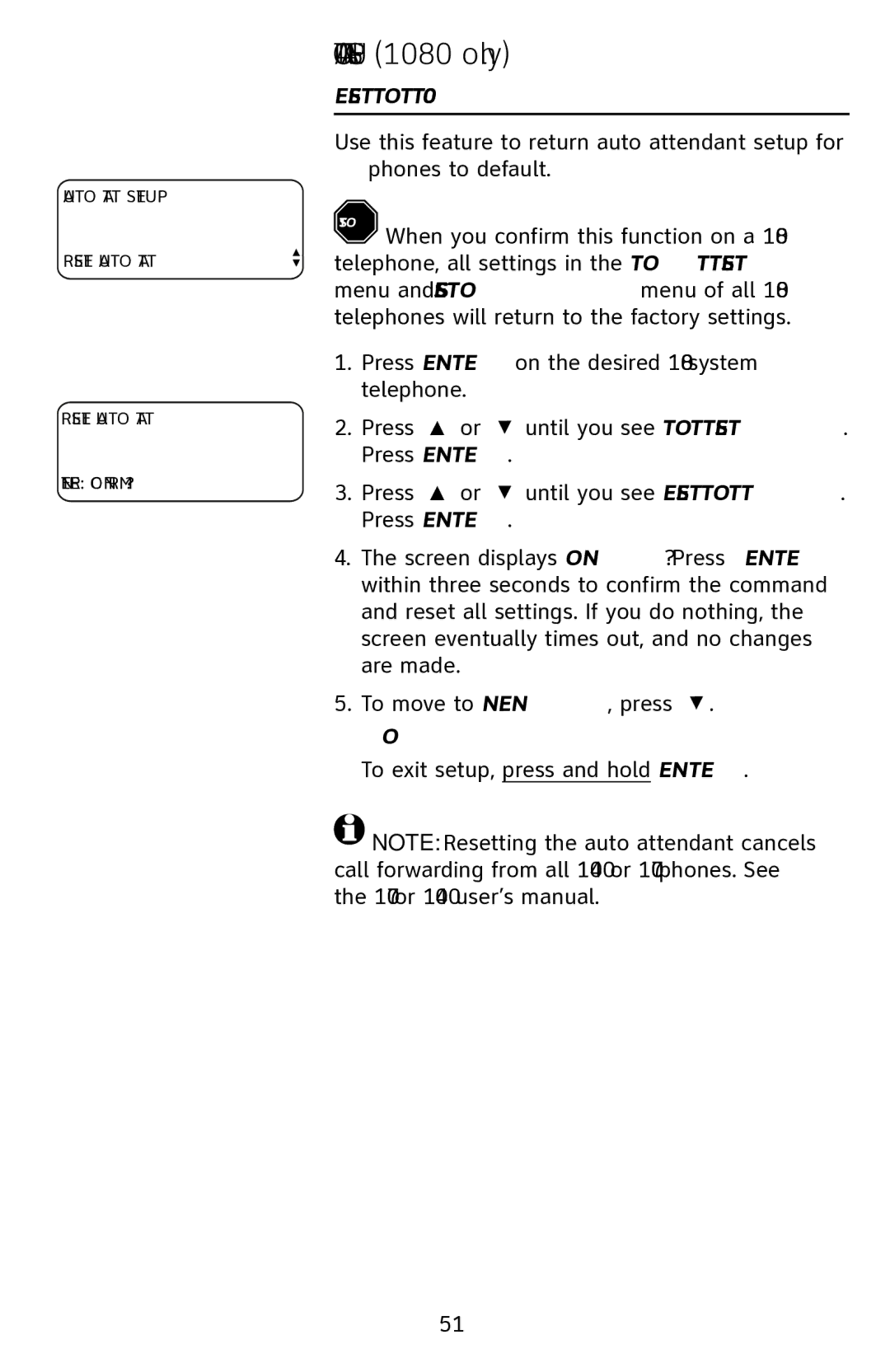 AT&T 1070 manual Reset Auto ATT, 1080 only 