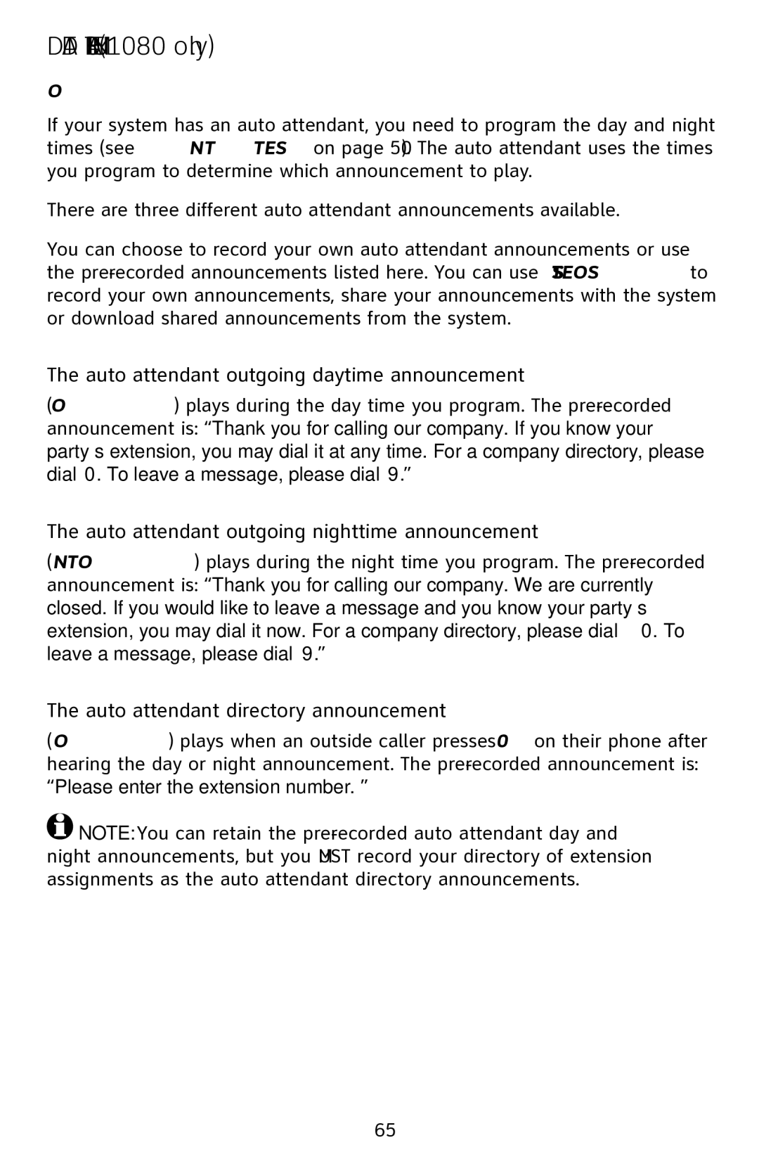 AT&T 1070 manual Auto attendant outgoing daytime announcement, Outgoing announcements for auto attendant 