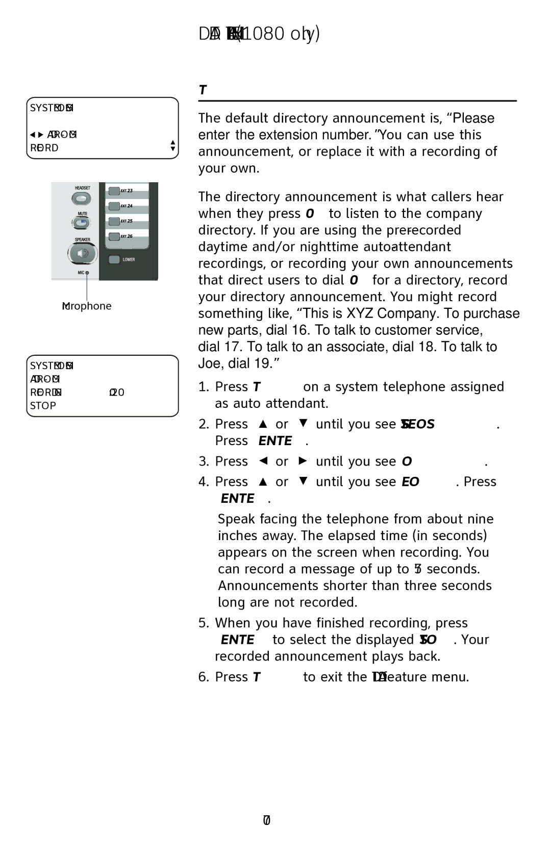 AT&T 1070 manual Dtad Feature Menu 1080 only, To record the directory announcement 