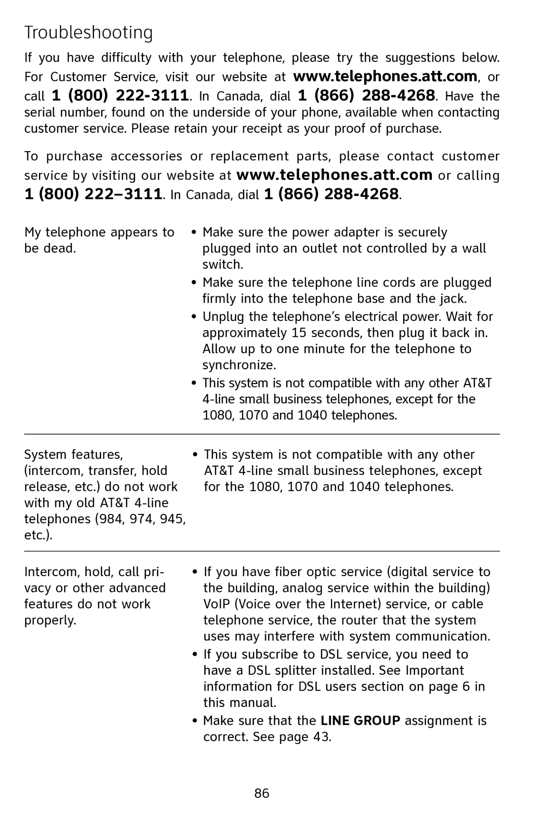 AT&T 1070 manual Troubleshooting 