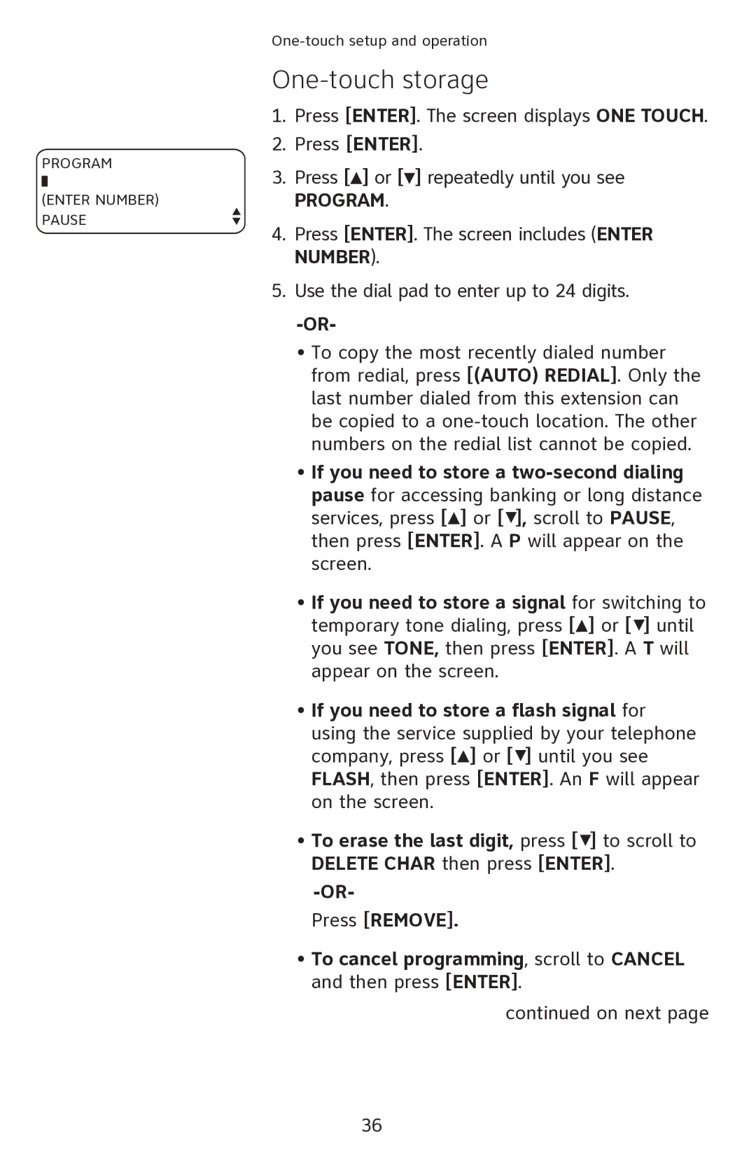 AT&T 1080 manual One-touch storage, Program 