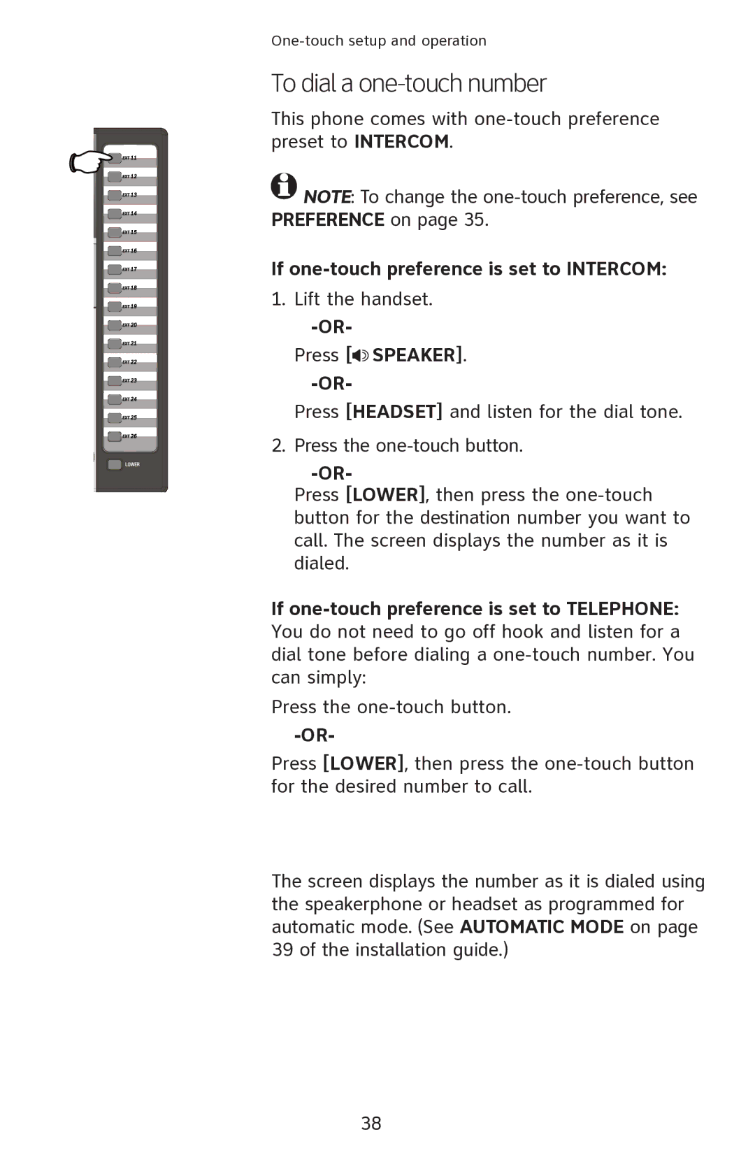 AT&T 1080 manual To dial a one-touch number, If one-touch preference is set to Intercom, Press Speaker 