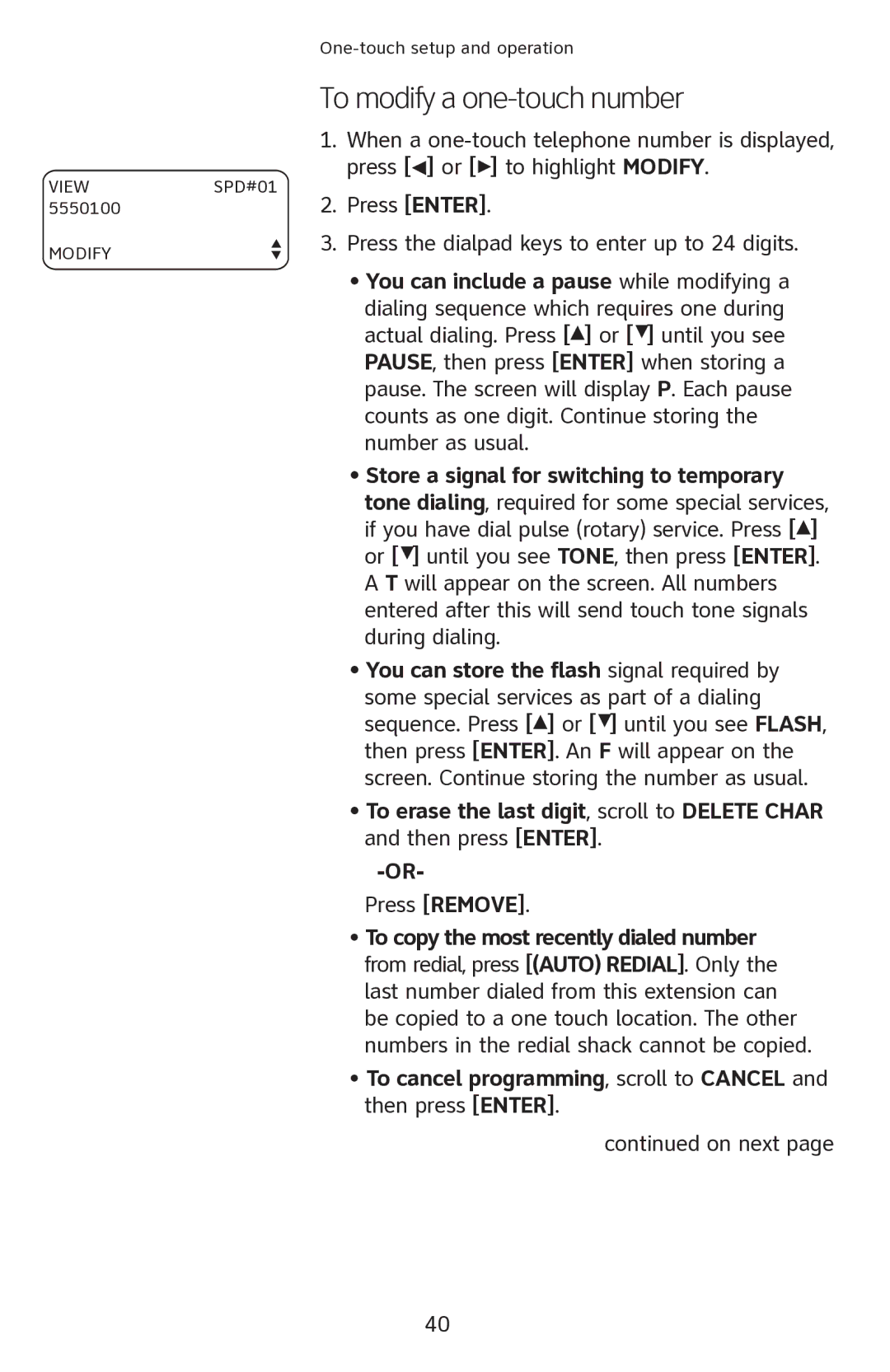 AT&T 1080 manual To modify a one-touch number 