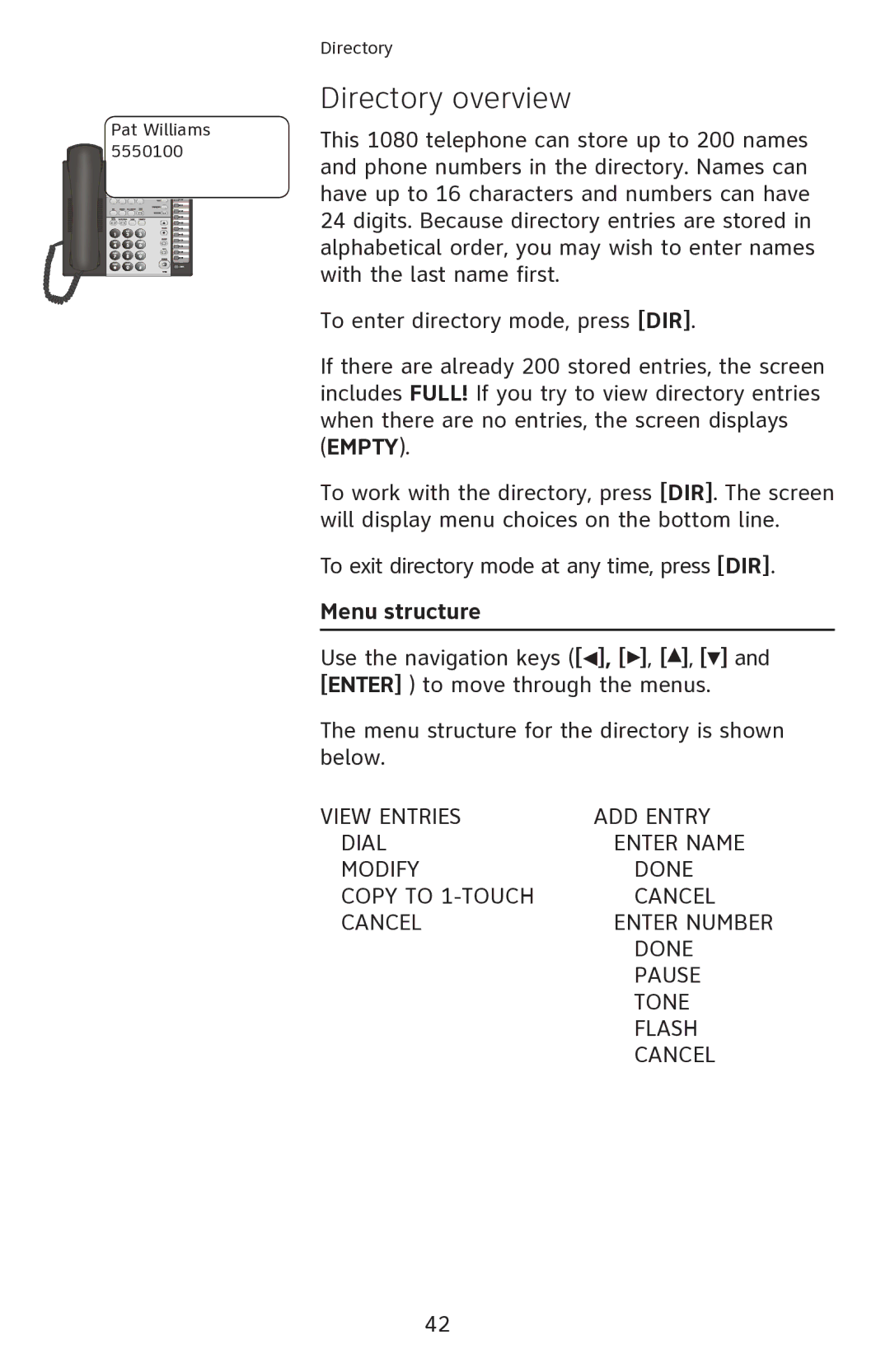 AT&T 1080 manual Directory overview, Menu structure 