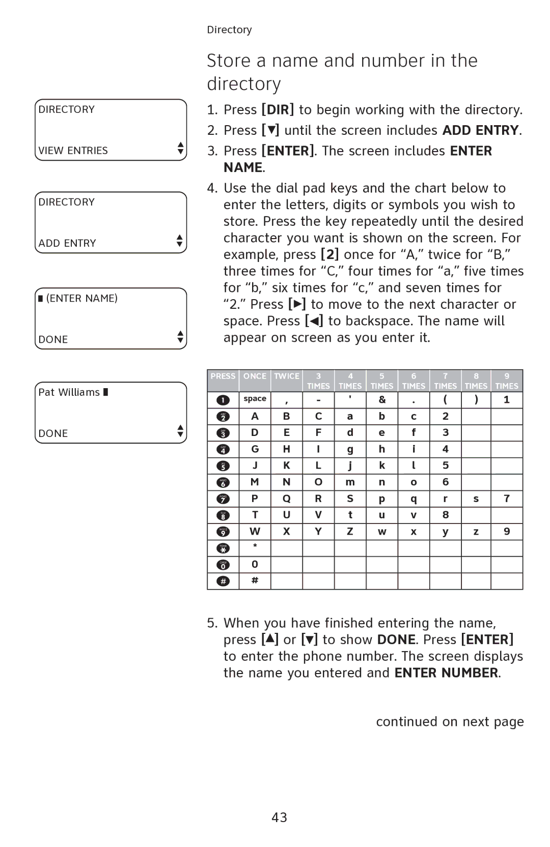 AT&T 1080 manual Store a name and number in the directory 