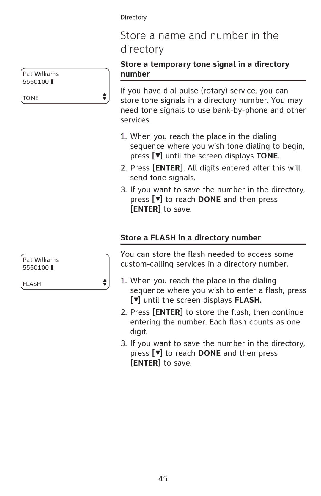 AT&T 1080 manual Store a temporary tone signal in a directory number, Store a Flash in a directory number 