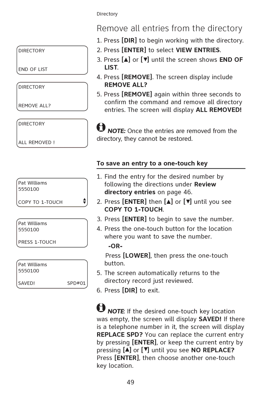 AT&T 1080 Remove all entries from the directory, Press Enter to select View Entries, To save an entry to a one-touch key 