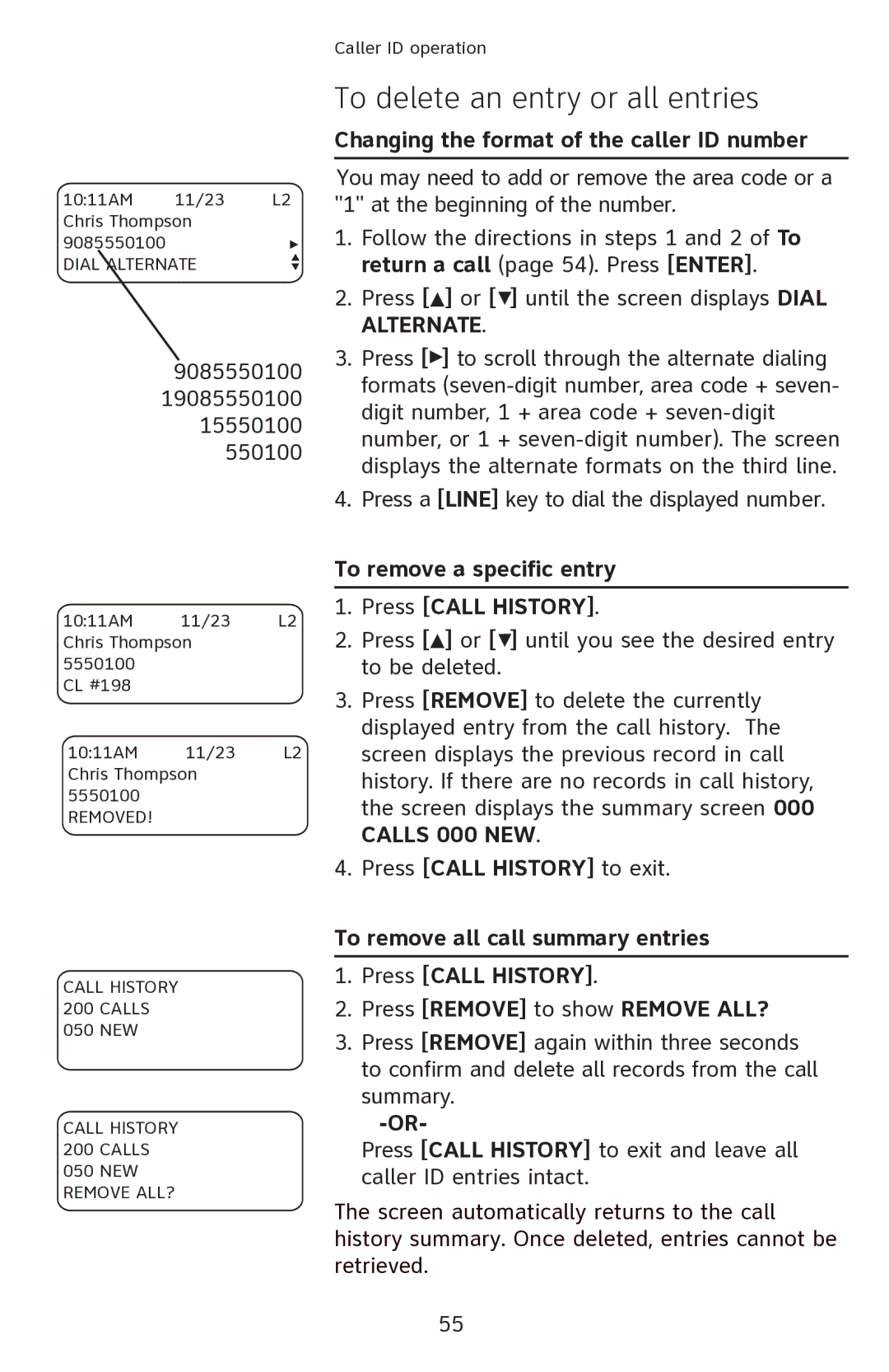 AT&T 1080 manual To delete an entry or all entries, Changing the format of the caller ID number 