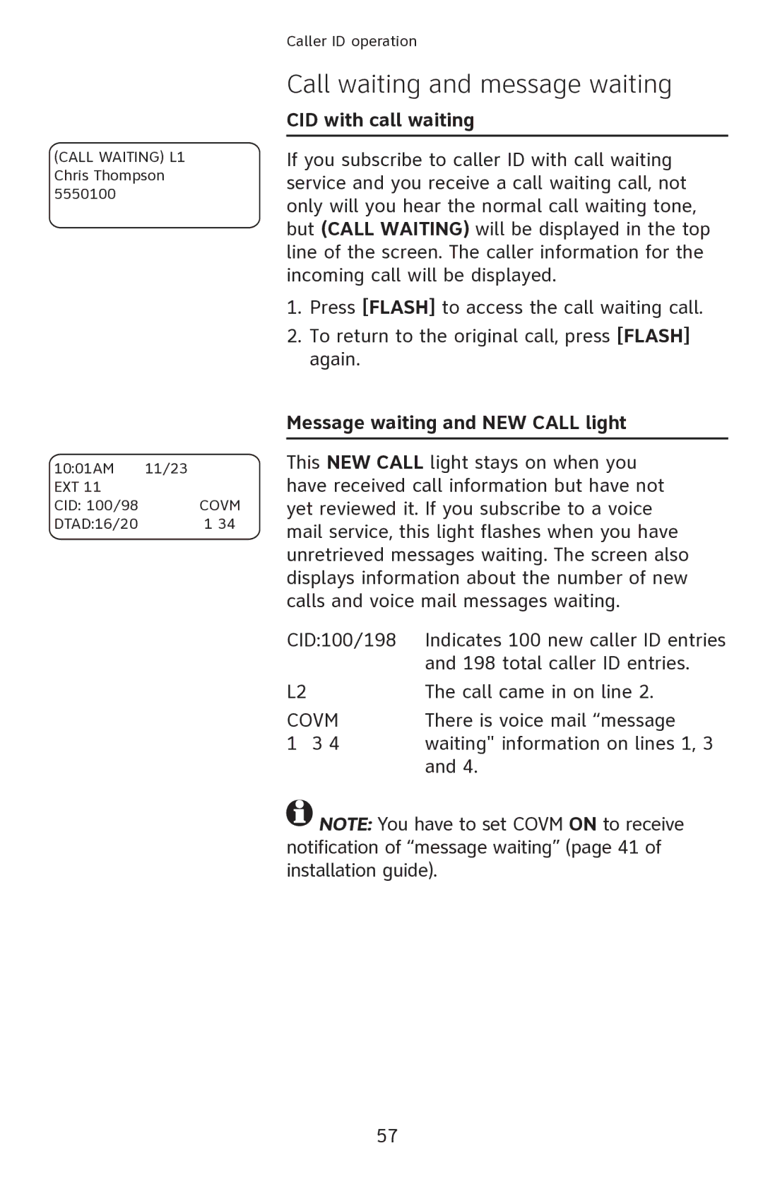 AT&T 1080 manual Call waiting and message waiting, CID with call waiting, Message waiting and NEW Call light 