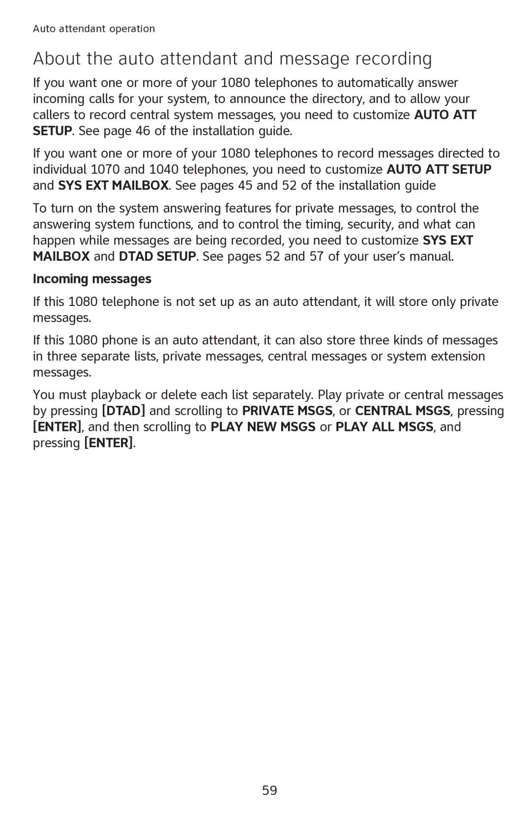 AT&T 1080 manual About the auto attendant and message recording, Incoming messages 