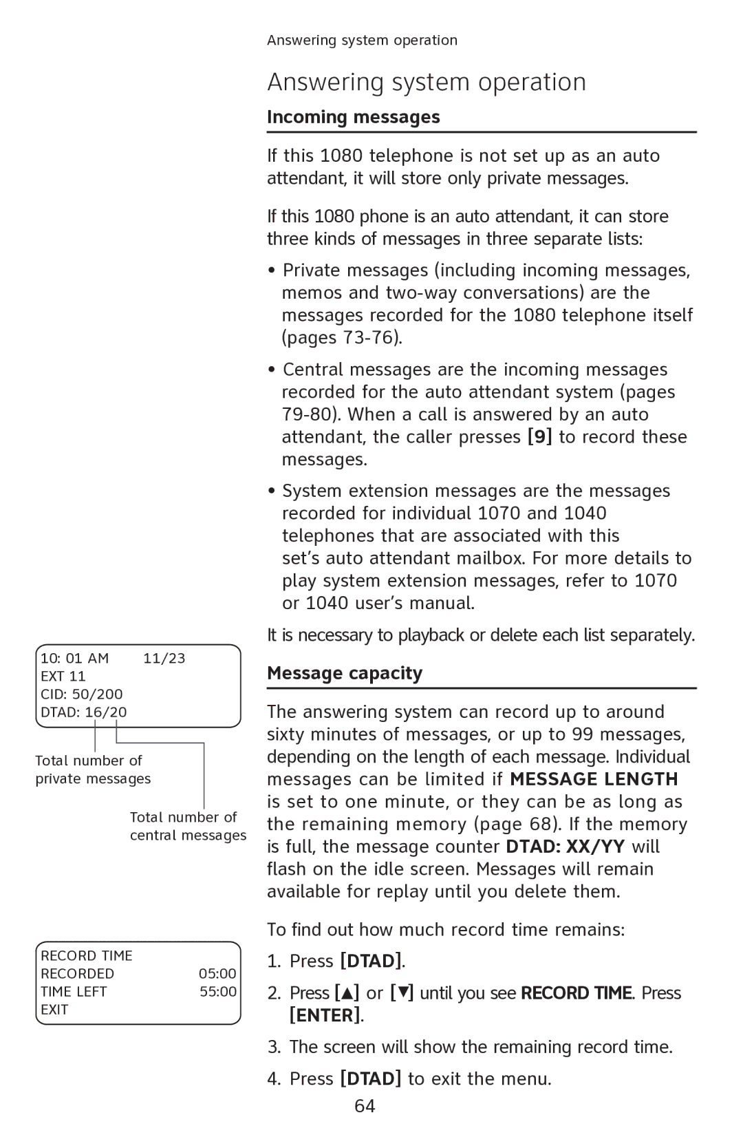 AT&T 1080 manual Answering system operation, Message capacity 