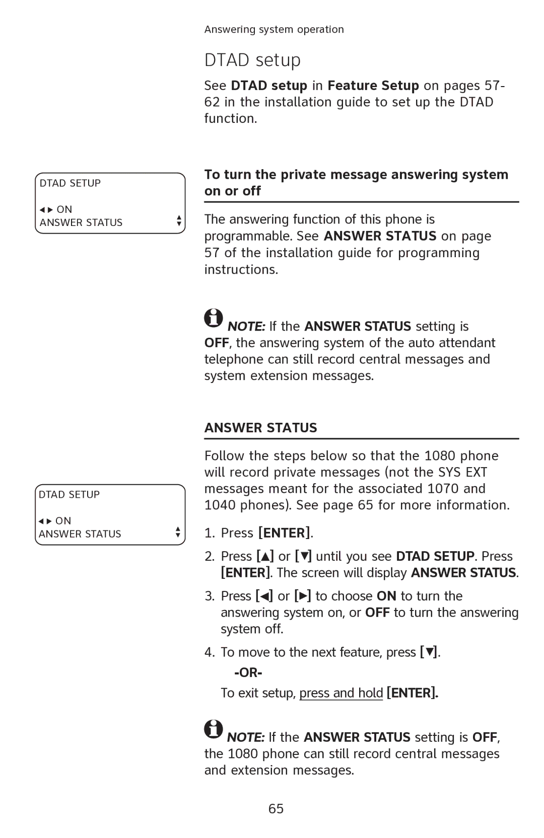 AT&T 1080 manual Dtad setup, Answer status 