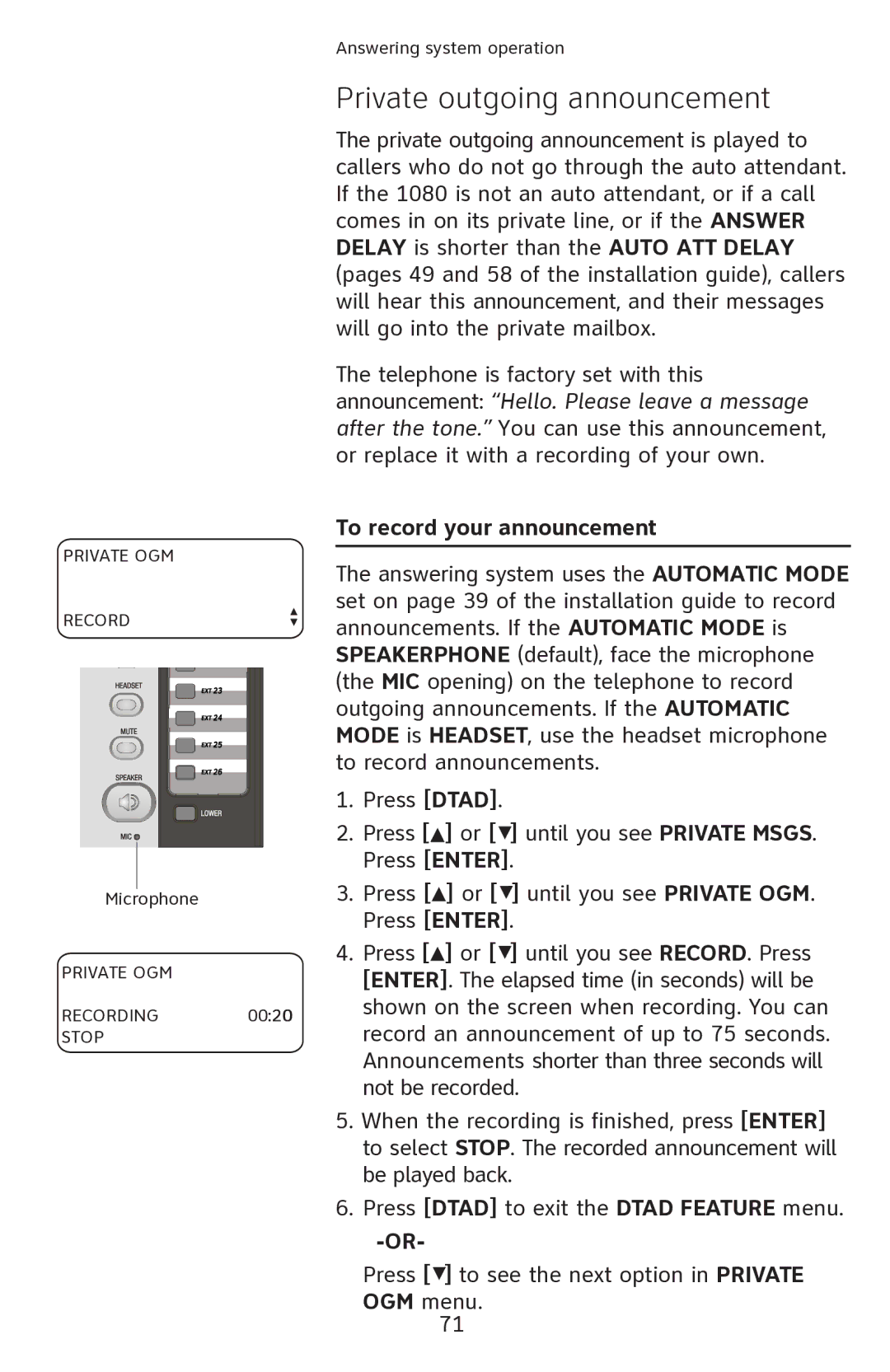 AT&T 1080 manual Private outgoing announcement, To record your announcement 