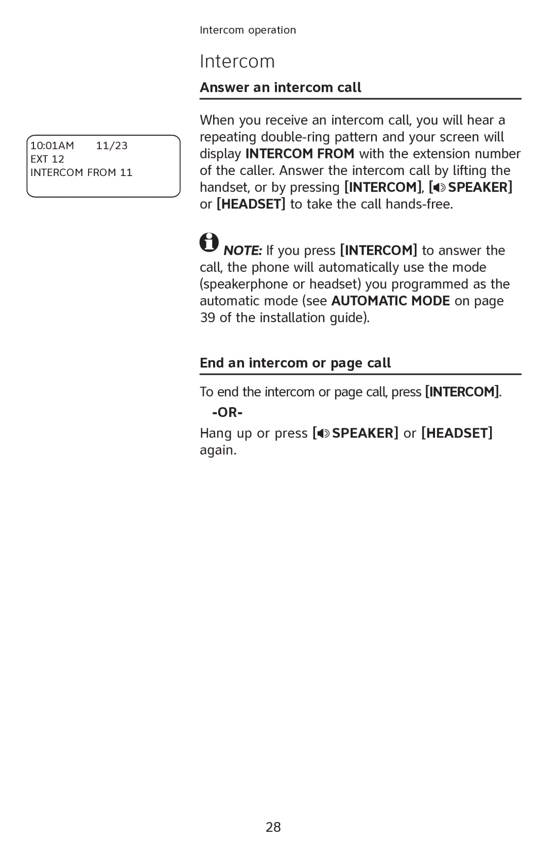 AT&T 1080 manual Answer an intercom call, End an intercom or page call 