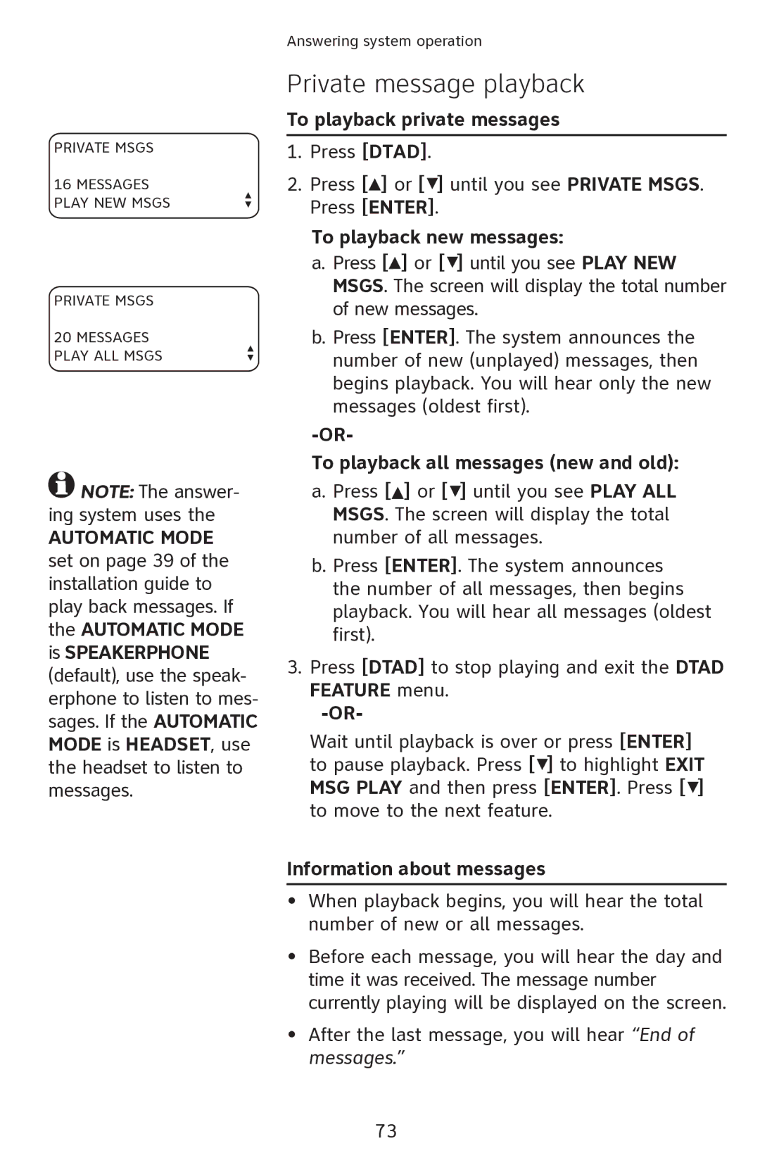 AT&T 1080 Private message playback, To playback private messages, To playback new messages, Information about messages 