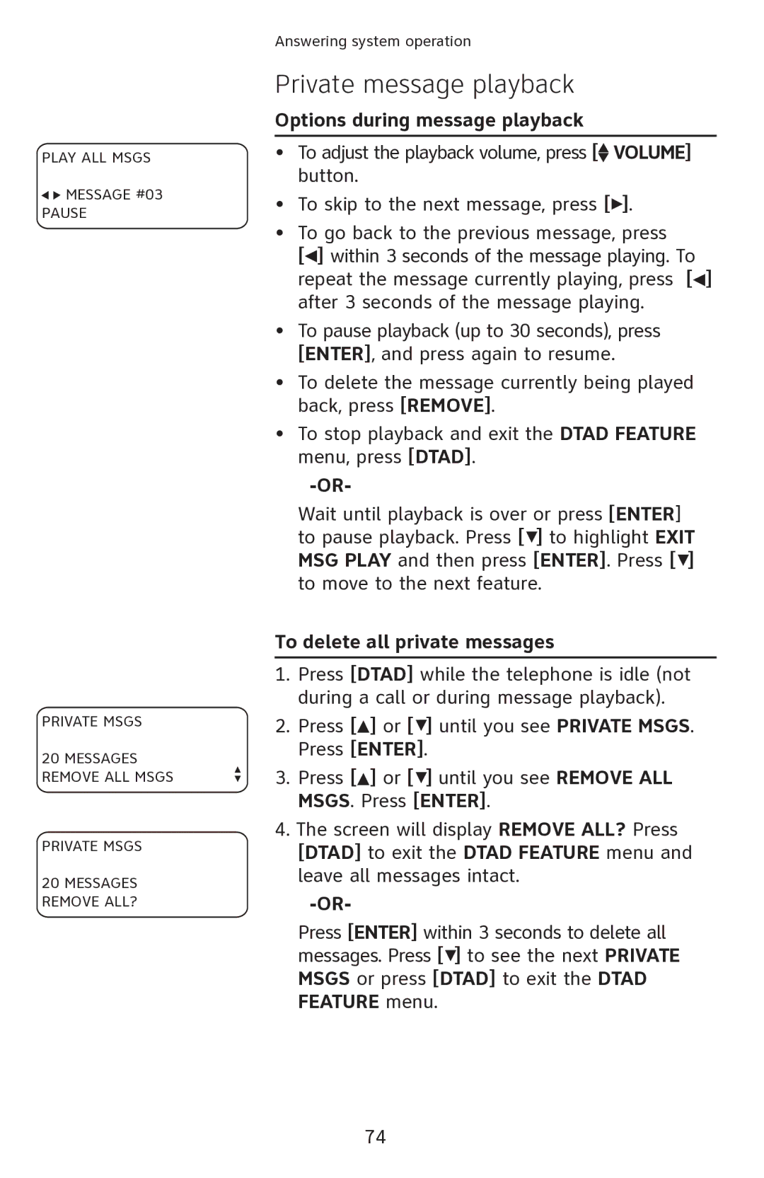 AT&T 1080 manual Options during message playback, To delete all private messages 