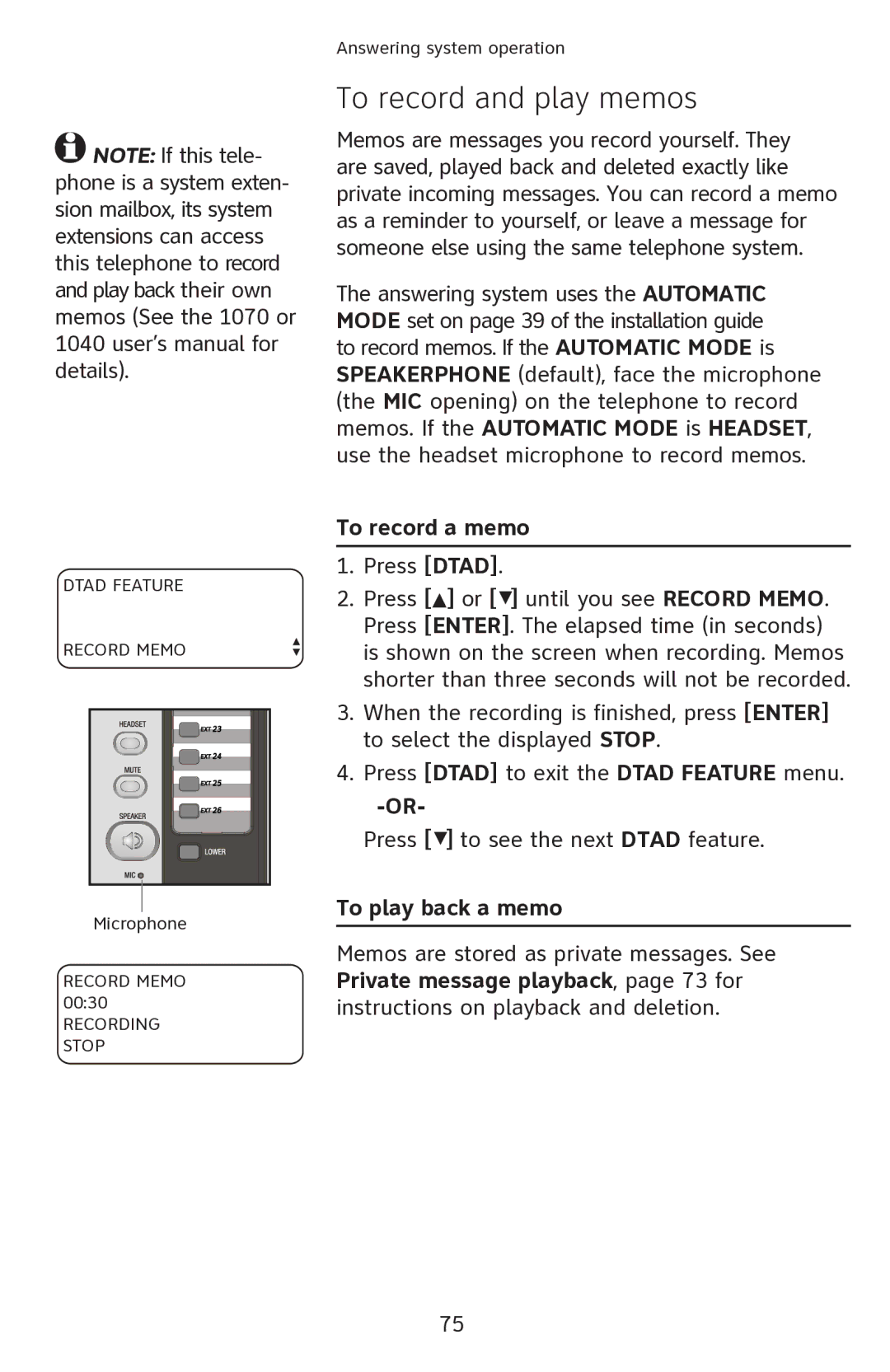 AT&T 1080 manual To record and play memos, To record a memo, To play back a memo 