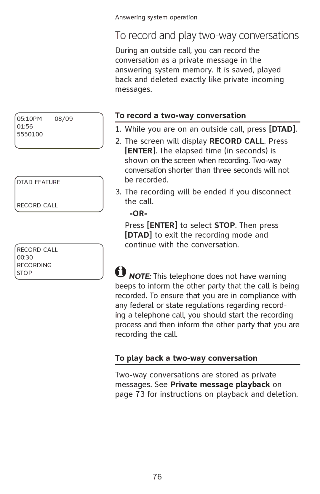 AT&T 1080 manual To record a two-way conversation, To play back a two-way conversation 