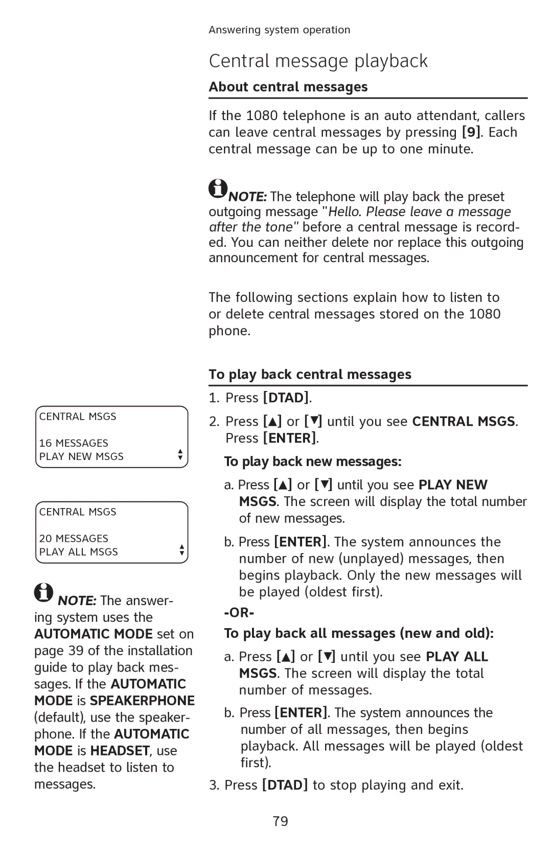 AT&T 1080 manual Central message playback, About central messages, To play back central messages, To play back new messages 